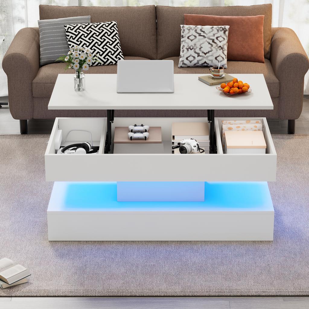 Modern Coffee Table with LED Lighting and Hidden Storage - Side Table with Hydraulic Lift, 100*50*42 cm, 50 kg Load Capacity