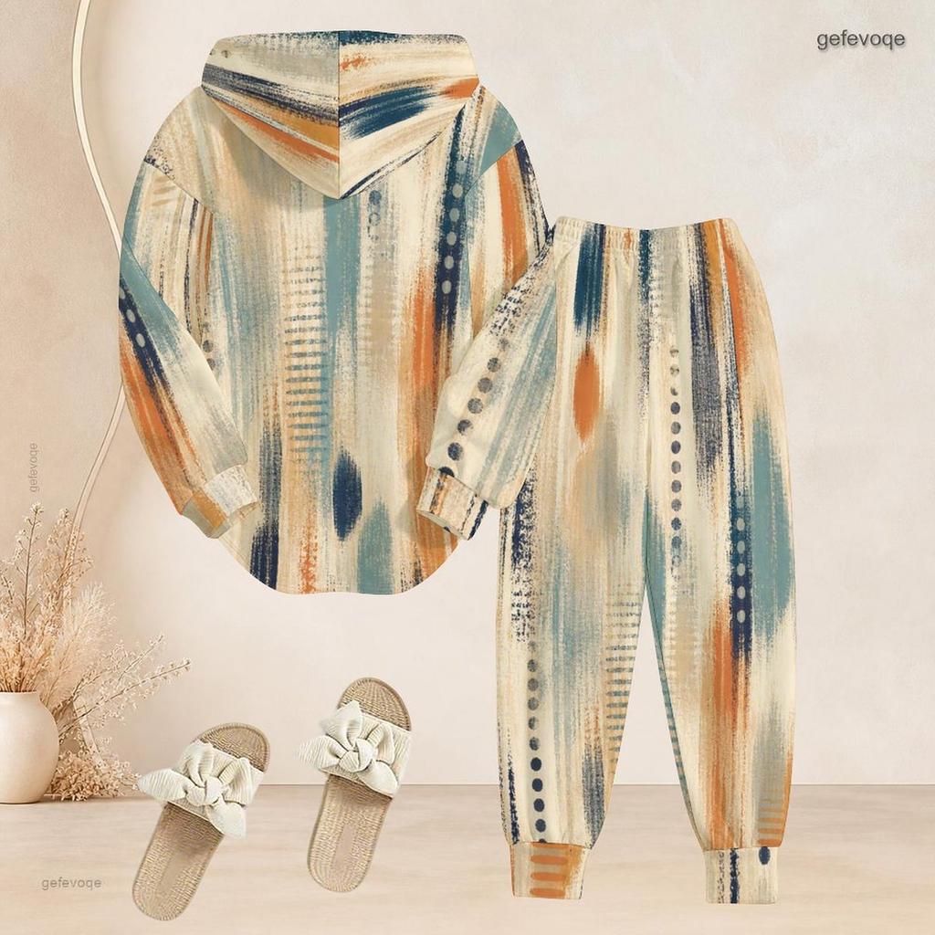 Women Plus Size Two Piece Outfit Long Sleeve Hooded Top Geometric Printed Cuffed Pants