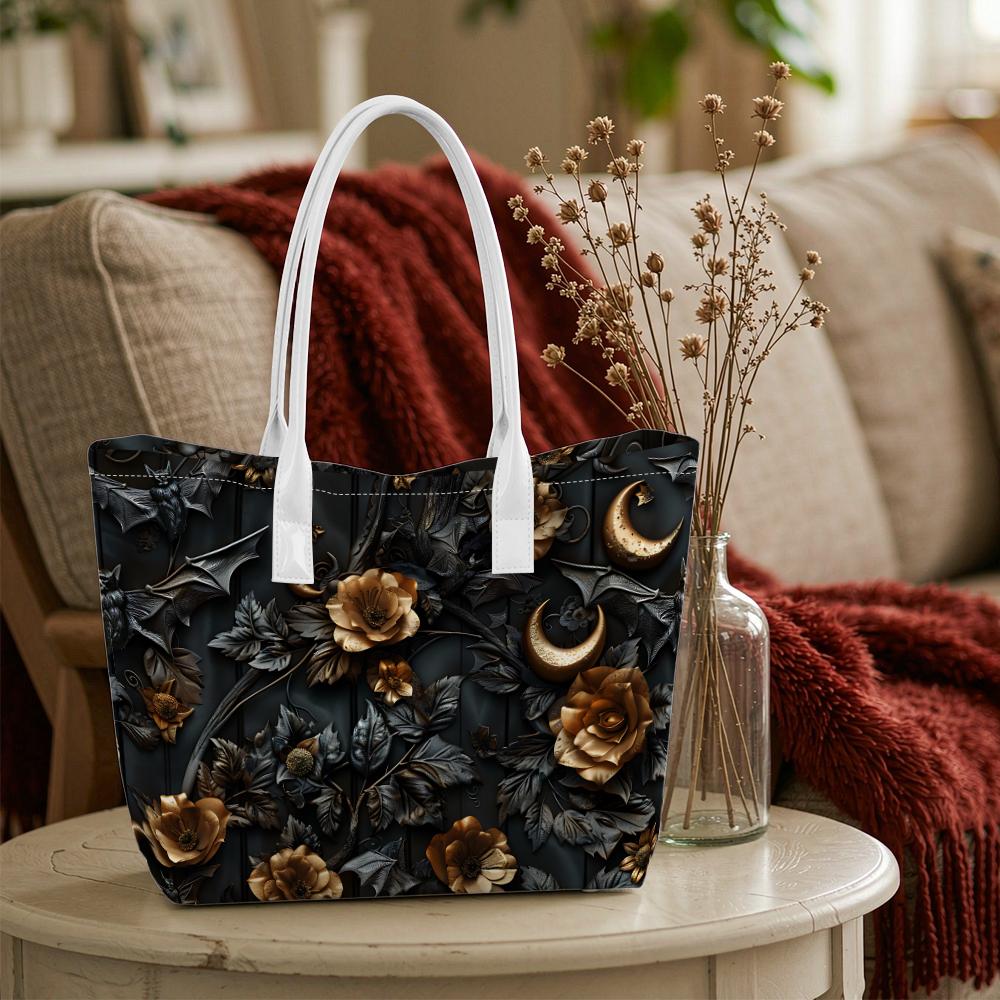 Gothic Dark Floral Moon Pattern Women Large Casual Tote Bag for Daily Shopping Outdoor Use