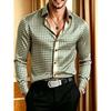 New Men's Satin Light Blue Checkered Long Sleeved Shirt, Slim Fit, Casual, Business and Commuting Shirt