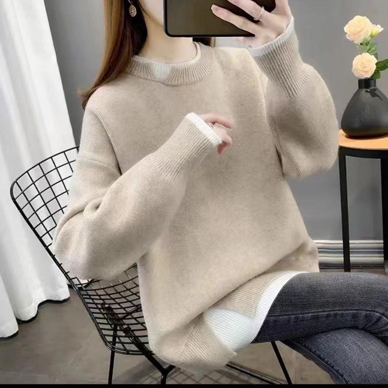 Pull épais en maille grande taille pour l'automne/hiver - Coupe ample, style coréen, look deux pièces, tricot décontracté pour femmes