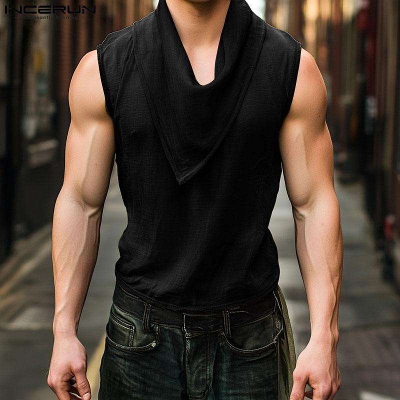 INCERUN Men Swing Collar Sleeveless See Through Casual Sheer Tank Tops