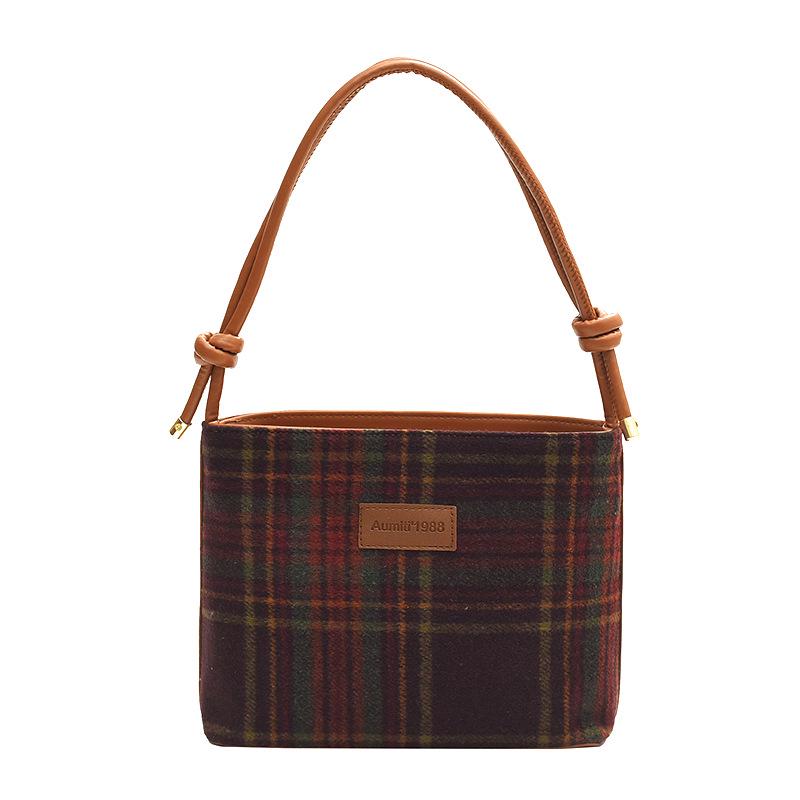 

2024 Женская ретро клетчатая шерстяная сумка-ведро через плечо - Большая вместимость Осенне-зимняя сумка-тоут на плечо красный