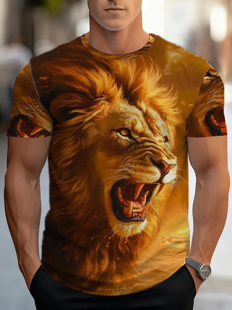Men'S Lion Print Short Sleeve T-Shirt - Polyester Fiber Breathable Comfortable, Trendy Design Men'S Fashion Casual Round Neck Print T-Shirt, 3D