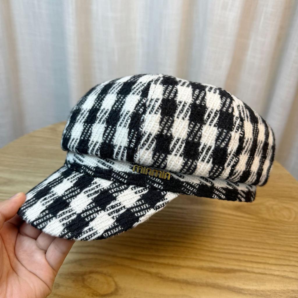 Plaid Octagonal Hat Autumn and Winter New Hat Female Painter Hat British Korean Version Trendy Beret Soft Top Short Brim Peaked Hat