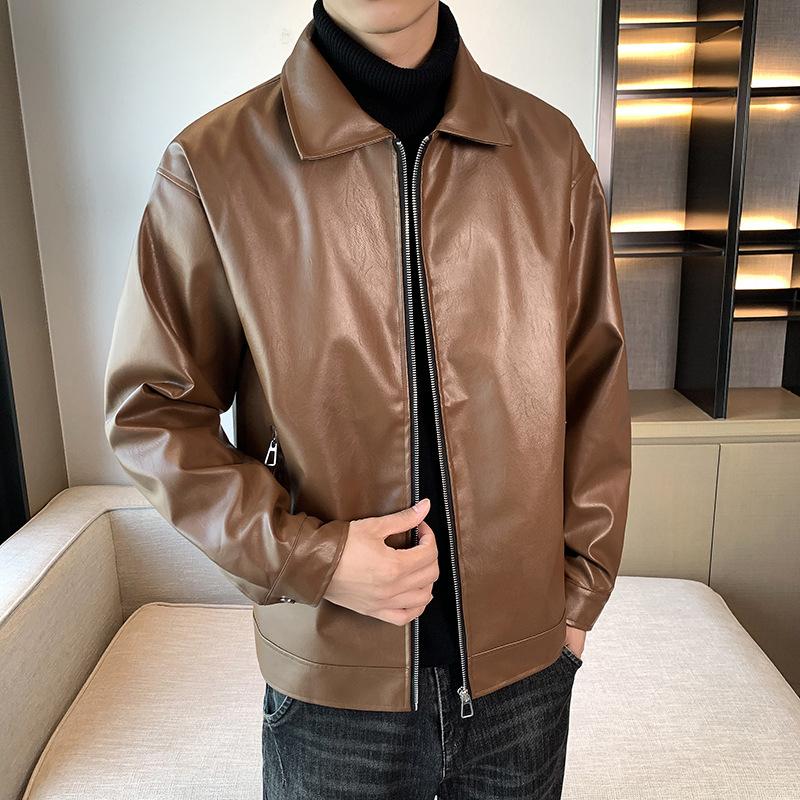 Men's Spring Autumn New Lapel Leather Jacket Casual Trendy Biker Versatile Teenager Retro Jacket Top