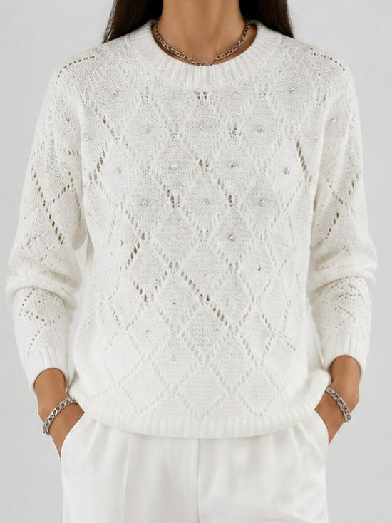 European & American White Heavy Knit Round Neck Sweater - Women's Casual Autumn/Winter Fashion 2026 Arrival