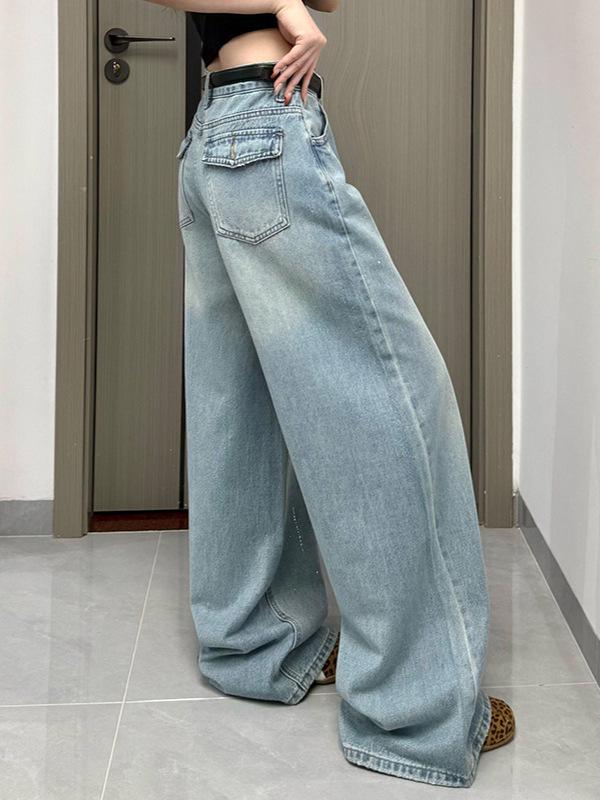 2026 Spring Rhinestone-Embellished Wide-Leg Ripped Light Blue Jeans