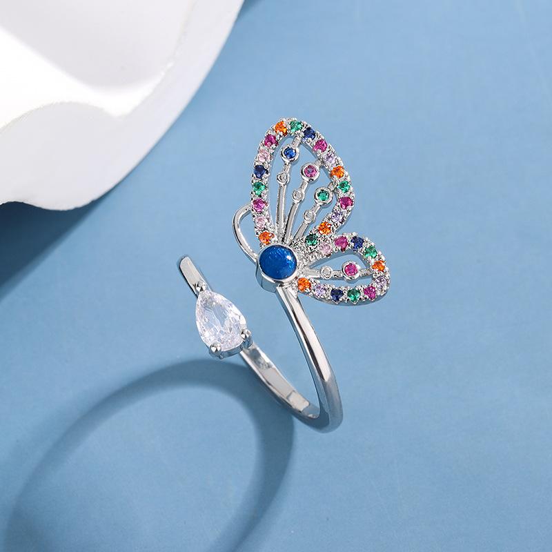 

Fashiona Temperament Colorful Diamond Inlay 925 Sterling Silver Personality Creative Butterfly Opening Rings R055 серебряный