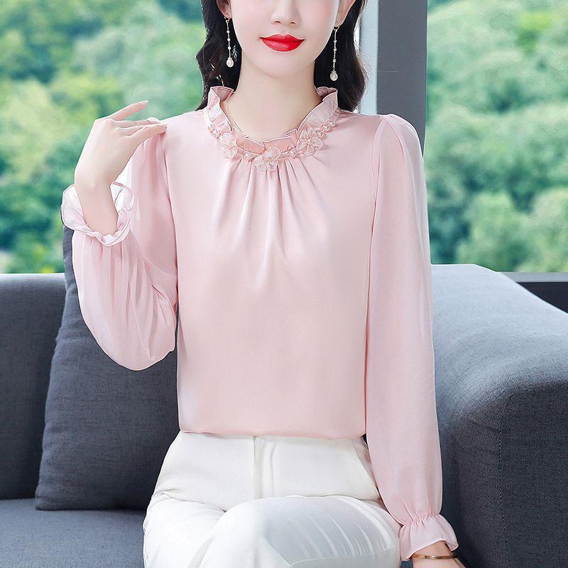 Spring Autumn Beading V-neck Temperament Solid Shirt Women Long Sleeve Ruffles Elegant Blouse Pullover Top