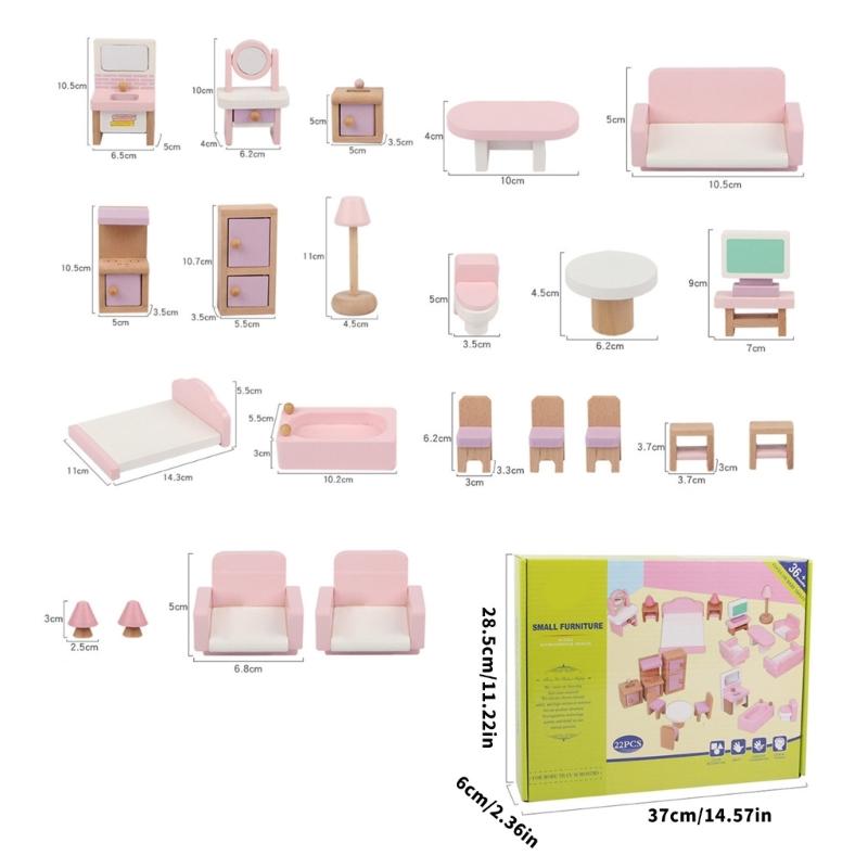 22pcs Safe Miniature Furniture for Childrens Dollhouses Creative Play Indoor Activity Ages 3 Years Old