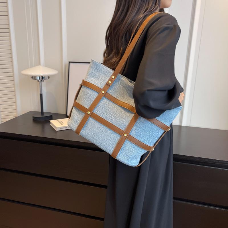 Contrast Color Denim Fabric Tote Bags Women Fashion Large Capacity Handbags Vintage Versatility Commute Shoulder Bags