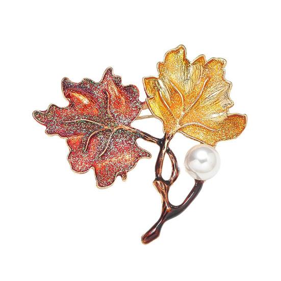 Women Brooch Maple Shape Enamel Oil Dripping Faux Pearl Decor Retro Anti-slip Polished