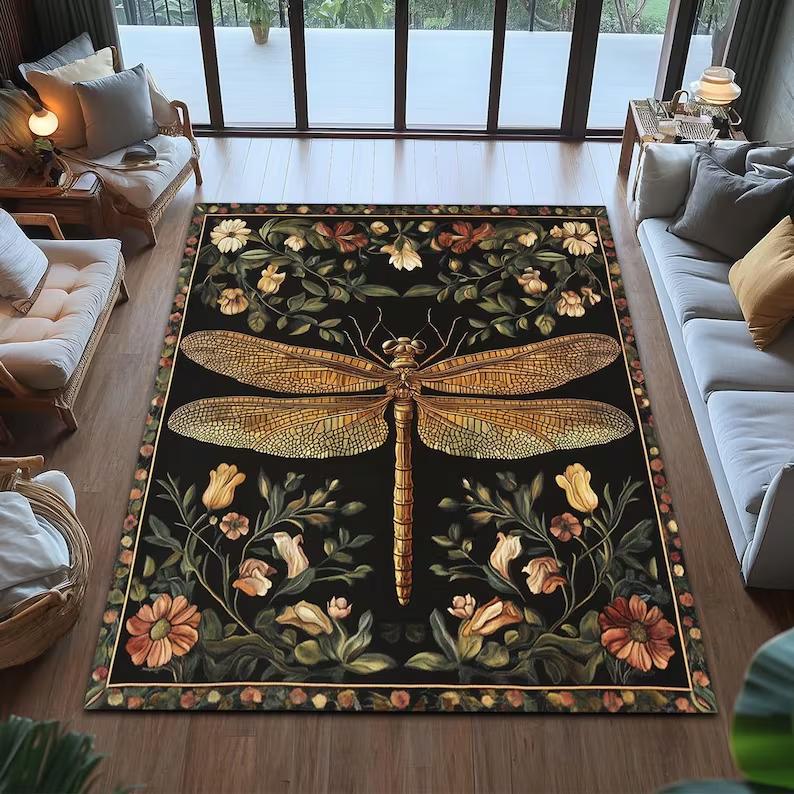Vintage Art Deco Großer Blauer Schmetterling Floraler Teppich Retro Blühende Blumenbordüre Rutschfester Boden Teppich für Schlafzimmer Hausdekoration