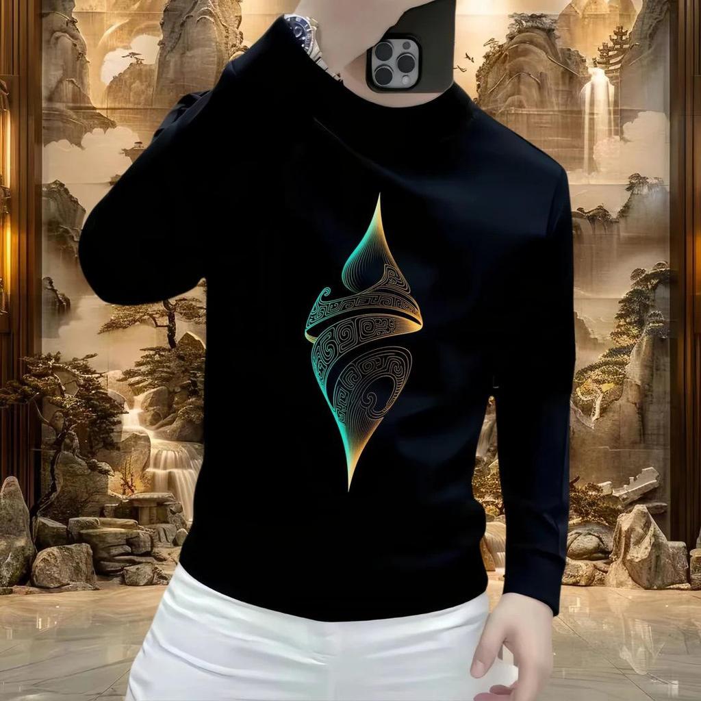 New Men's Printed Velvet Hoodie - Casual Versatile Long Sleeve Round Neck Top for Autumn/Winter Fashion