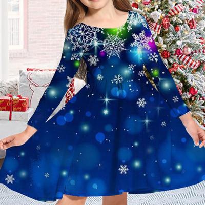Printemps fille décontracté 3D bleu filature flocon de neige imprimé col rond à manches longues robe enfant princesse robe pour noël