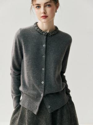 Cardigan de Caxemira com Strass Feminino Outono 2025 - Gola Redonda, Corte Justo