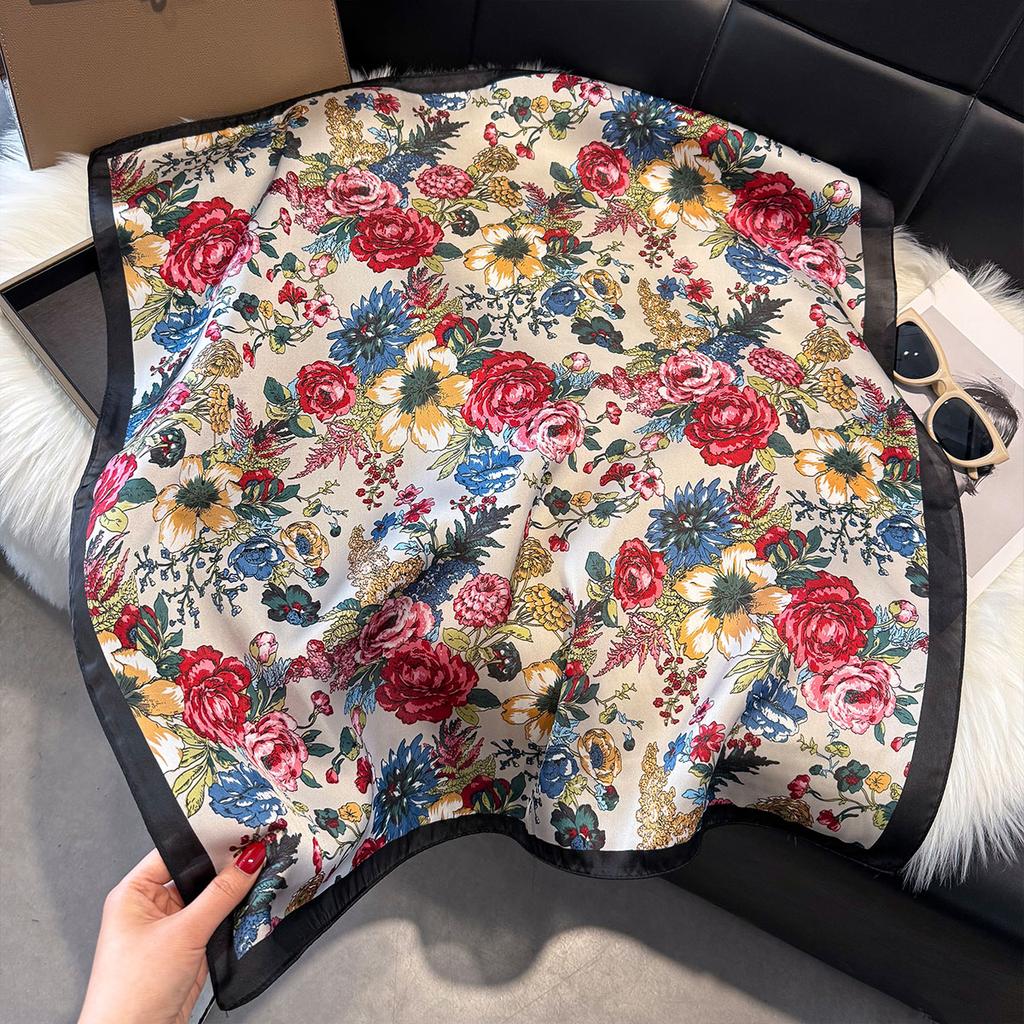 Four Seasons NEW Floral Square Scarf Women Satin Shawl Wrap Hijab Female Hair Luxury Headkerchief Beach Sun Protection Bandana