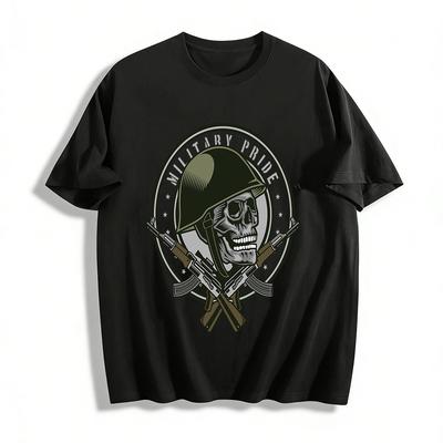 Military Pride Skull Helmet AK Rifle Graphic Tactical Tee Pure Cotton T-shirt