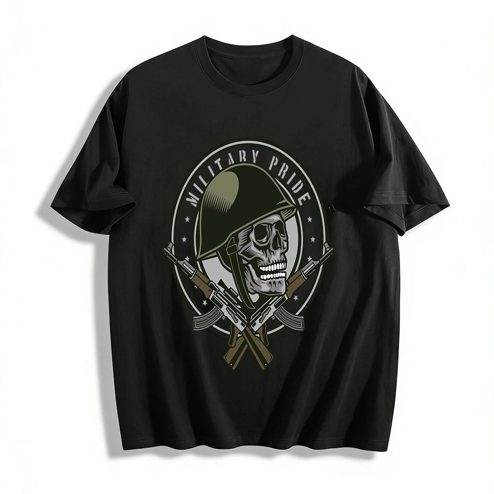 Military Pride Skull Helmet AK Rifle Graphic Tactical Tee Pure cotton T-shirt XXS