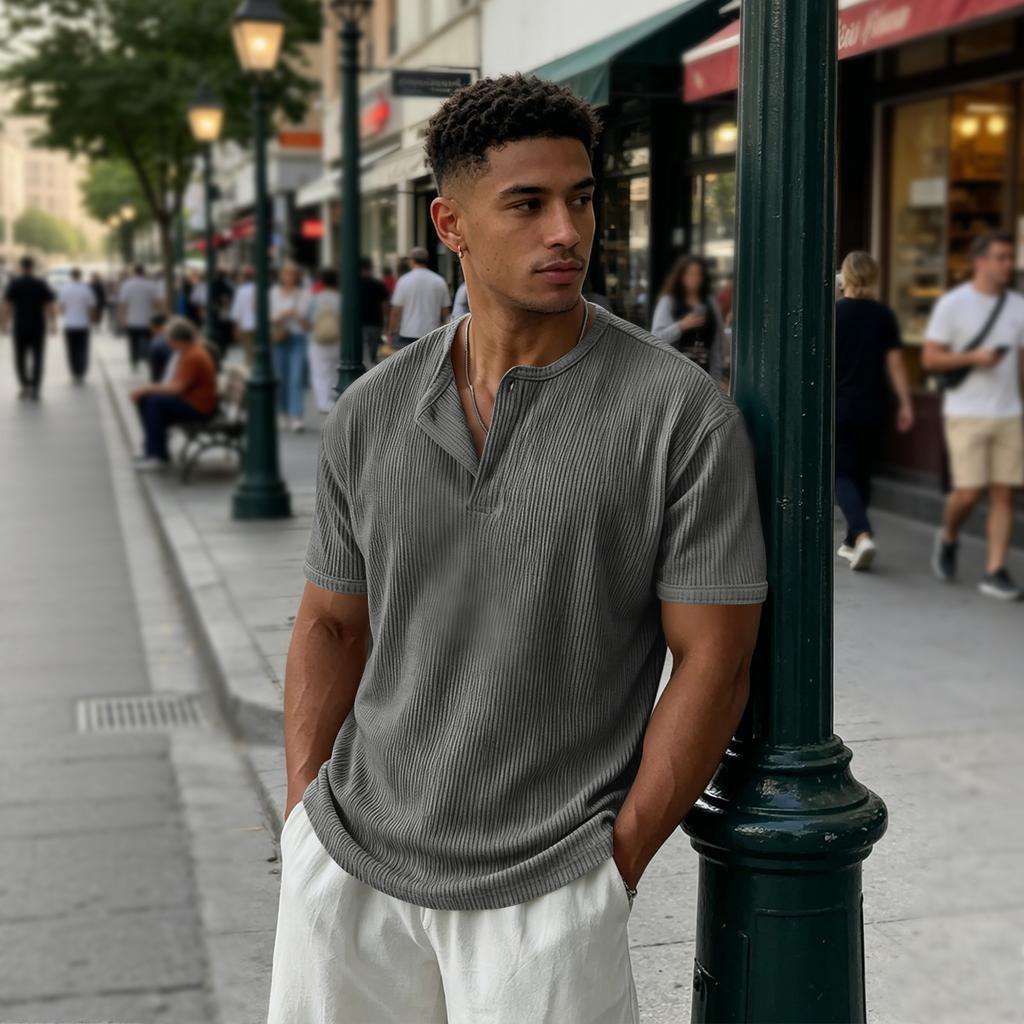 Men's Ribbed Crew Neck Three Button Short Sleeve Top Soft Breathable Casual Pullover Knitwear for Daily Wear Office Travel
