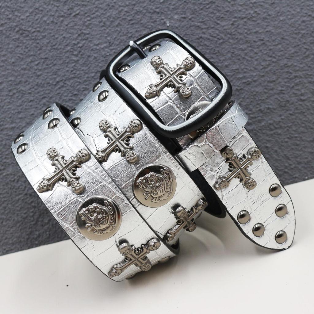 Kožený opasek s nýty ve tvaru lebky: Unisex punkový pásek s potiskem hada