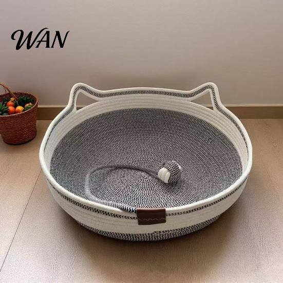 All Season Cat Bed Woven Basket Cotton Rope Handwoven with Ears Soft Sleeping Nest Toy Ball Breathable Pet for Indoor Medium Large Cats Seasons