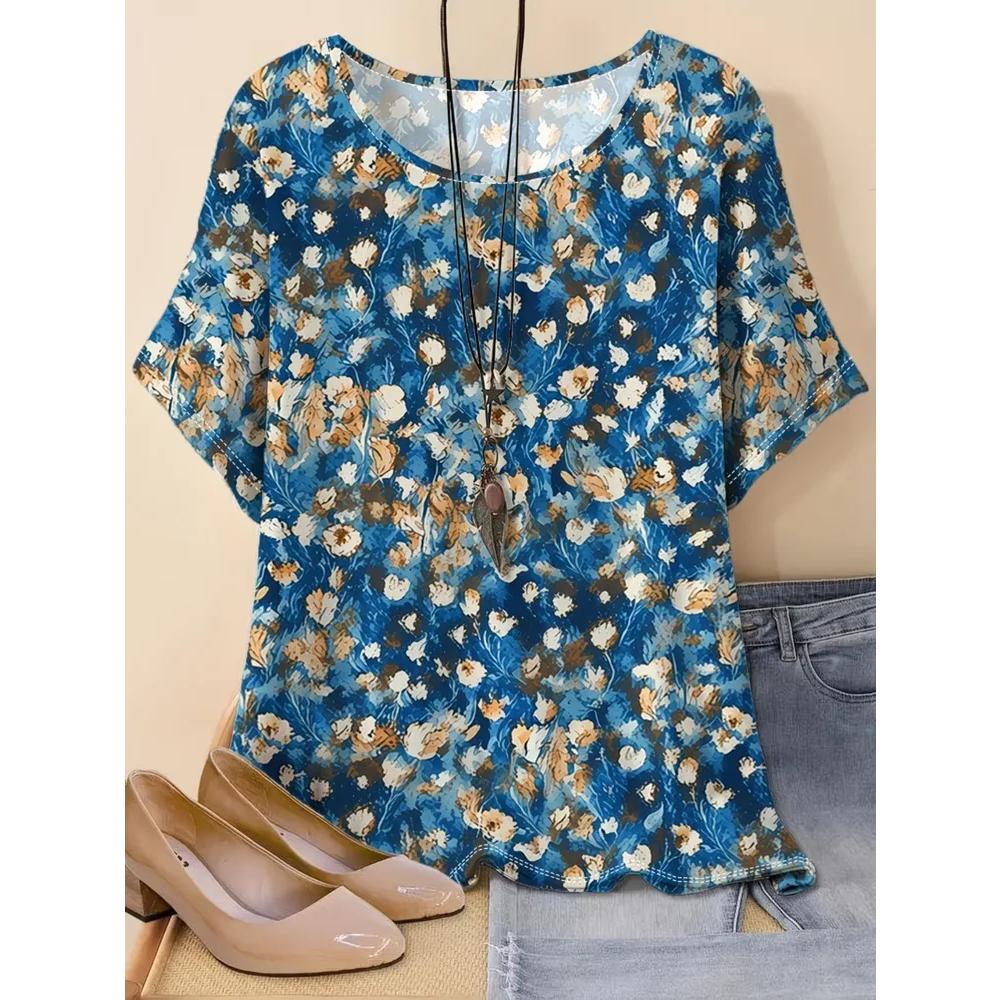Women's Flower Print Versatile Top Casual Short Sleeve Loose Comfortable T-Shirts Women’s