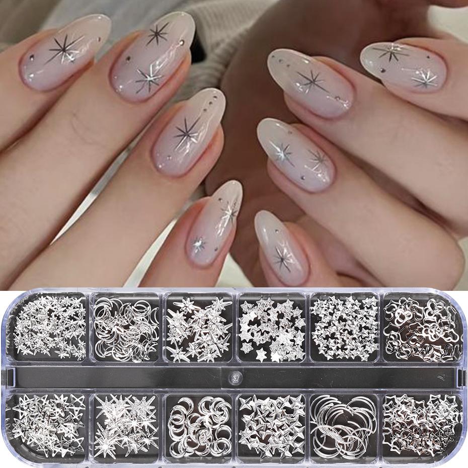 Xiaomi 12 Grids Golden Silvery Starlight Nails Art Charms Moon Cross Star Design Alloy Studs Nail Art Decoration DIY Manicure Supplies
