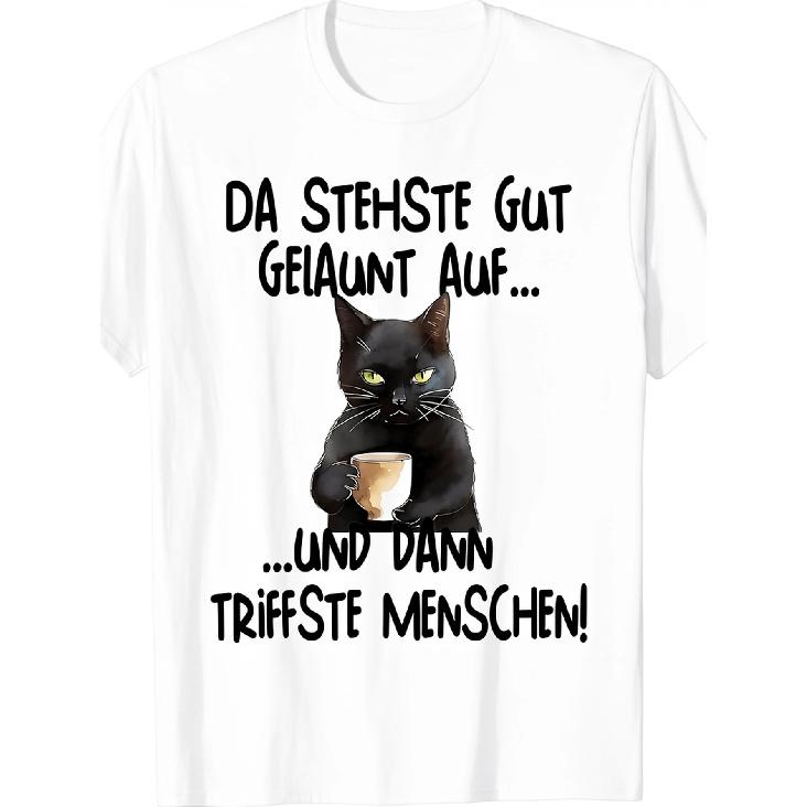 Unisex Cotton T-Shirt with Grumpy Black Cat Holding Coffee Mug and German Text, Short Sleeve Crew Neck Casual Wear for Cat Lovers S чёрный