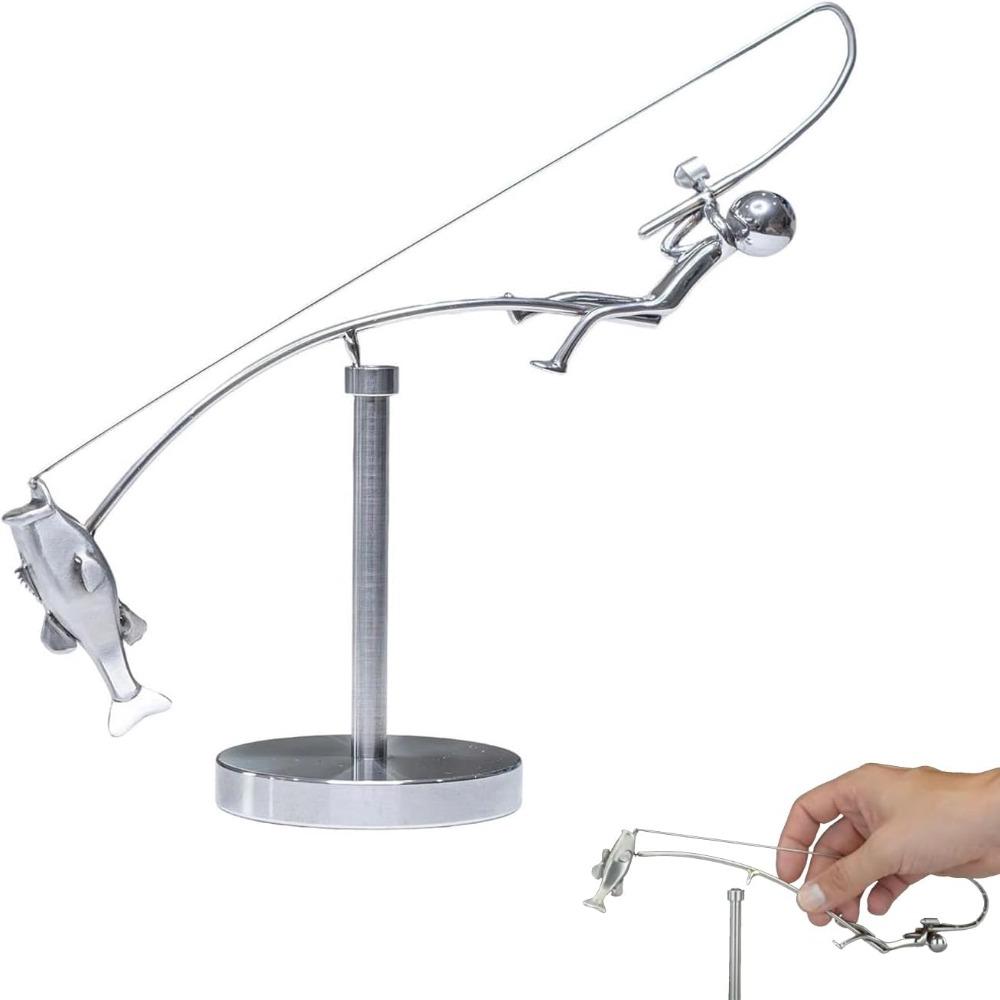 Desk Ornament The Fisherman Balancing Sculpture Metal Fishing Statue  for Home & Office Decor