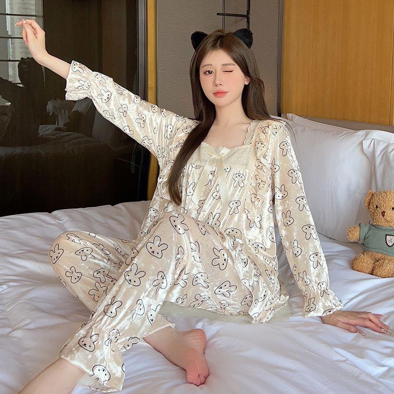 Autumn Spring Pajama Women New Golden Velvet Girls Lace Loungewear Set Square Neckline Sweet Leisure Loose Comfort Homewear Suit