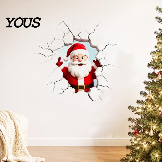 Indoor Outdoor Holiday Decor 3D Santa Claus Wall Sticker, Realistic Breaking Decal for Christmas Decoration, Festival Atmosphere Decoration Waterproof