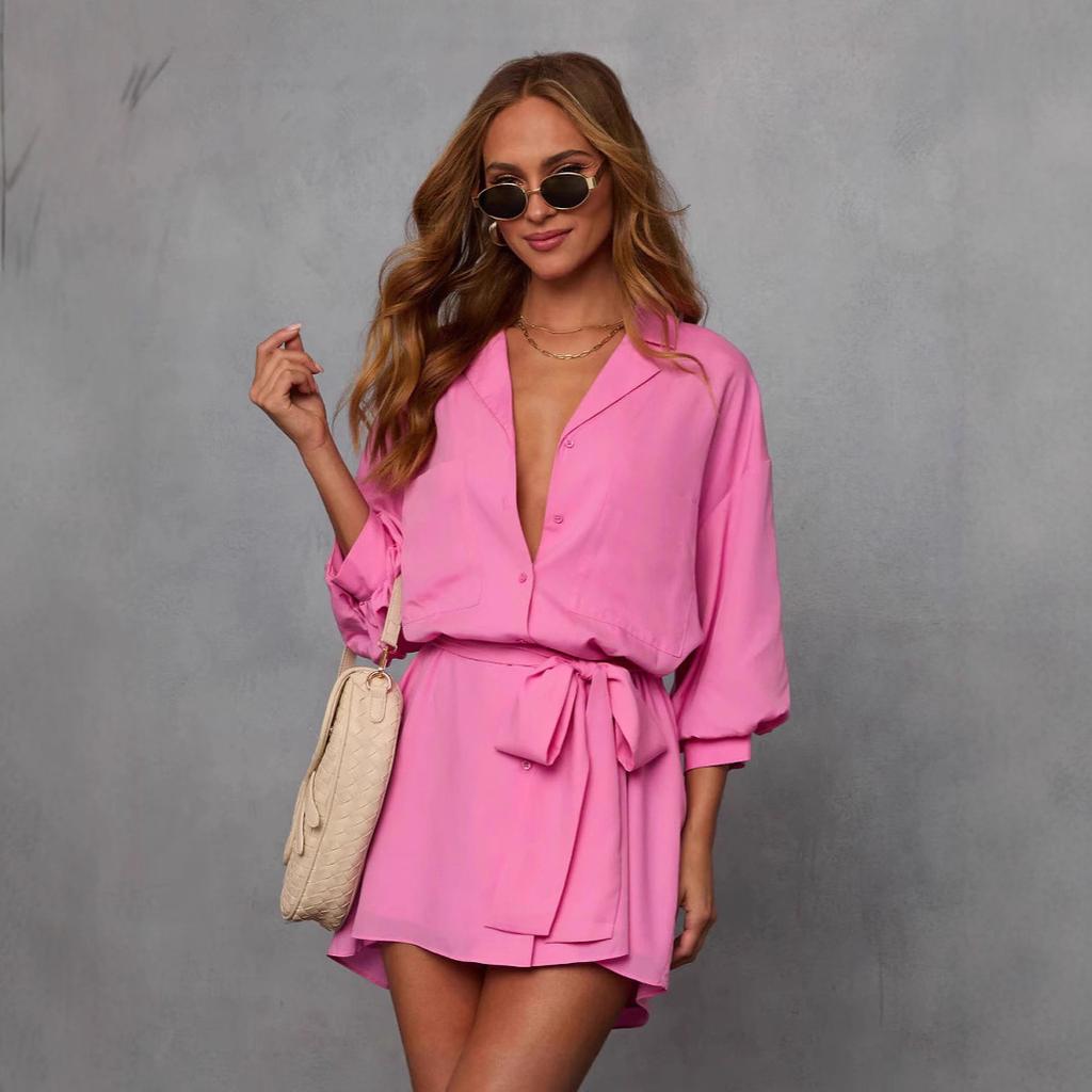 Amazon Europe and the United States autumn new fashion long-sleeved solid color strap temperament shirt dress