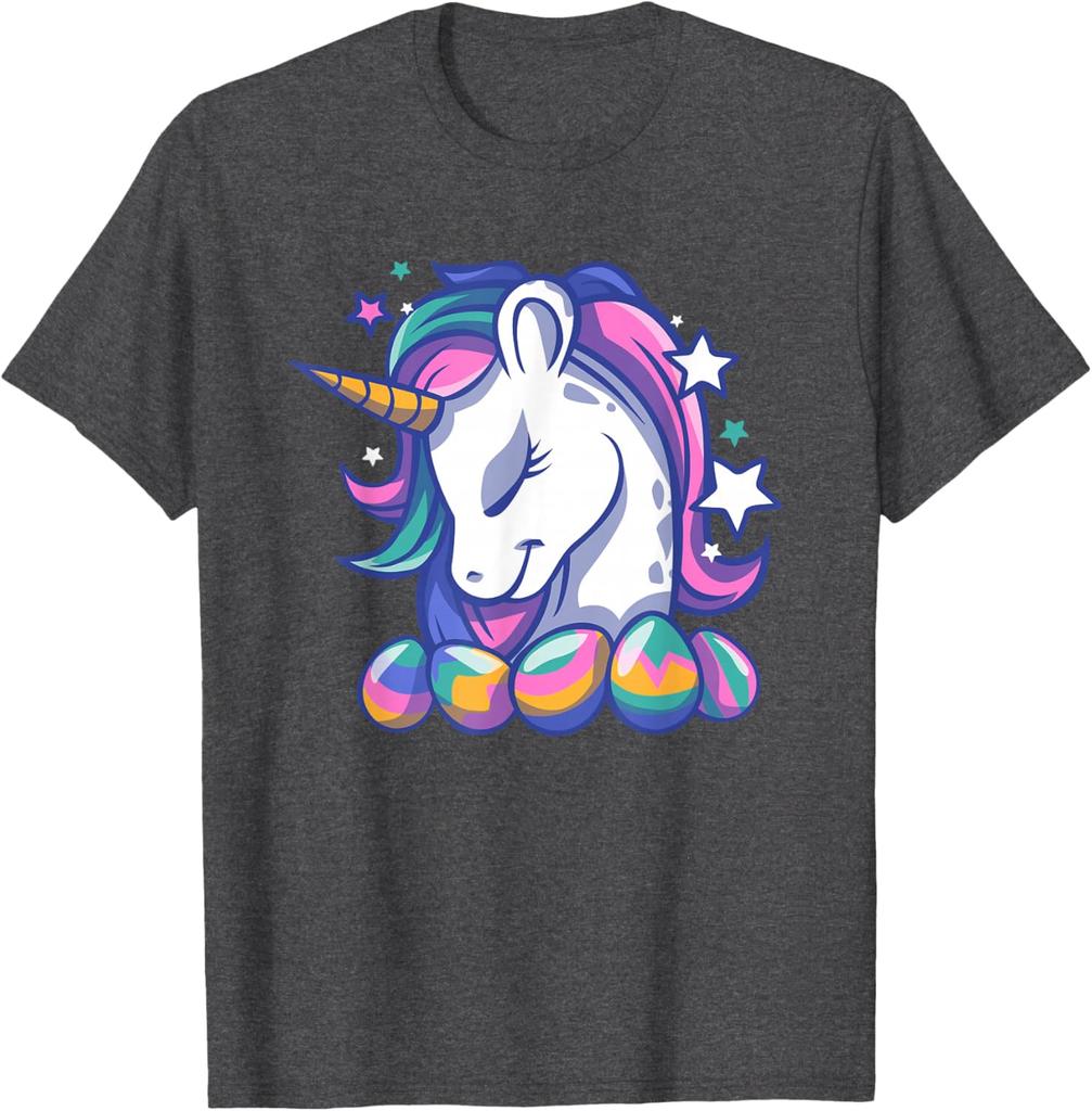 Easter Unicorn Rainbow Eggs Graphic Tee Casual Short Sleeve Cotton T-Shirt for Holiday Fun