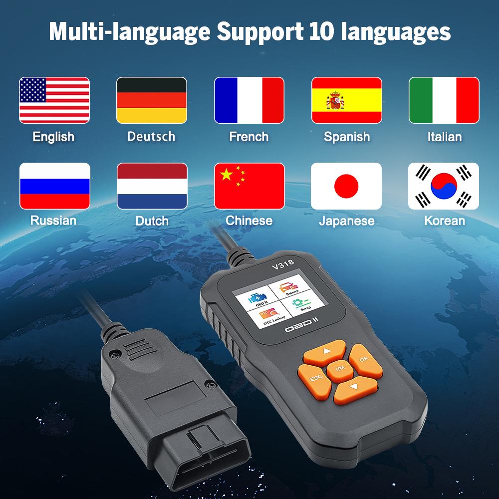 V318 Cititor de coduri OBD Scanner auto cu ecran color, 10 limbi și 9 protocoale pentru detectarea erorilor