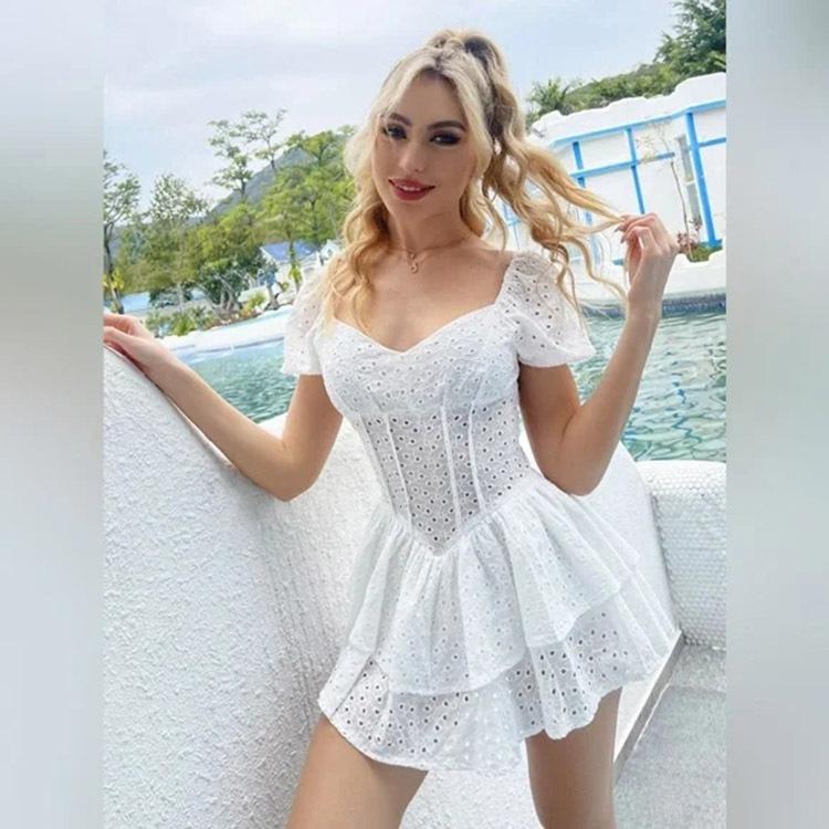 

V-neck Ruffled Pleated Hollow Puff Sleeve Dress L білий