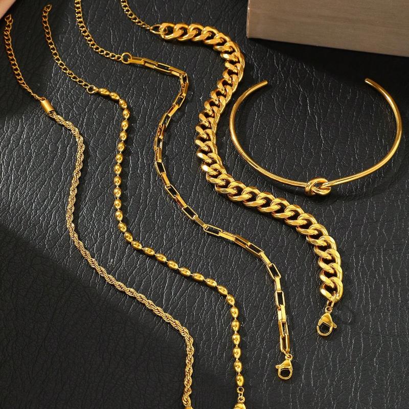 5Pcs/Set Stainless Steel European and American Cross-border Fashion Trend Paperclip Cuban Chain Bracelet Multi-layer Snake Bone Chain Bracelet