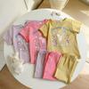 Girls Summer Cotton Short Sleeve Shorts Set Cute Cartoon Print Loungewear Casual Kids Two Piece Outfit