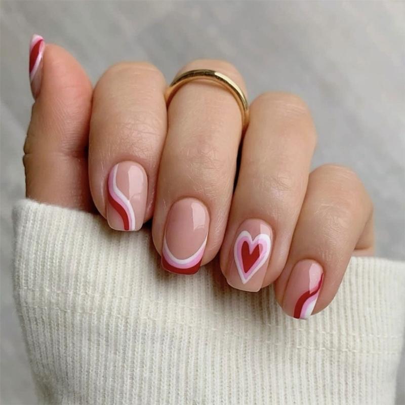 

24 Pcs All-Matching Stripes False Nail Heart Artificial Nail Short French Stick on Nail Valentines Day Press On Nail 1