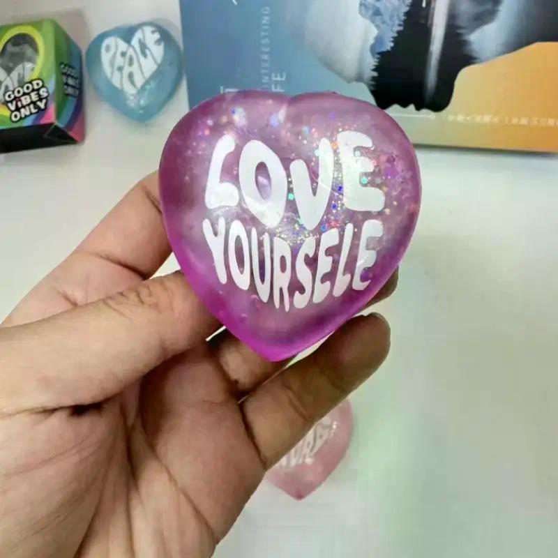 Soft Glitter Heart Squeeze Toy Positive Quote Printed Stress Relief Fidget Toy For Kids Adults Travel Carry Use