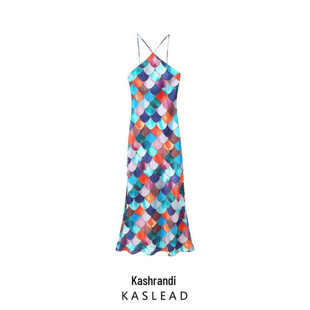 2025 Spring Women's European-American Style Satin Print Halter Dress