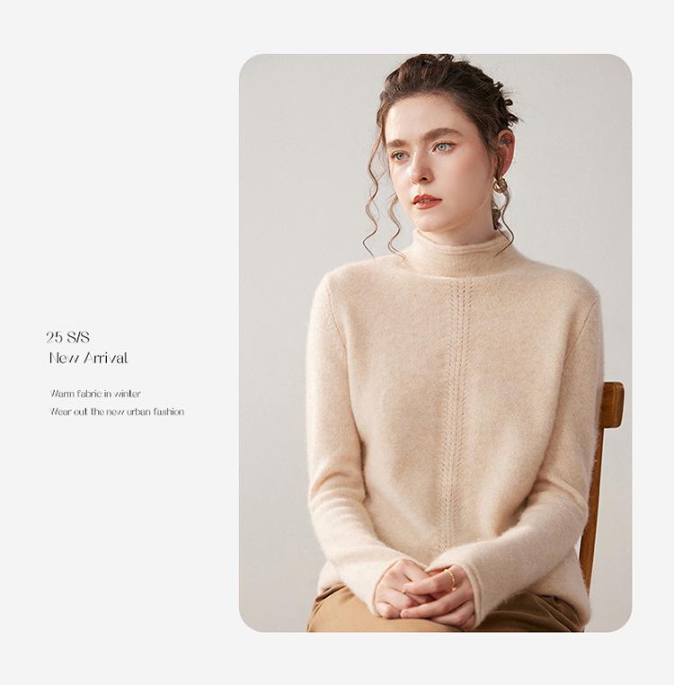 Women's Cashmere Rolled Hem High-Collar Hollow Sweater - Loose Knit Base Layer for Autumn/Winter