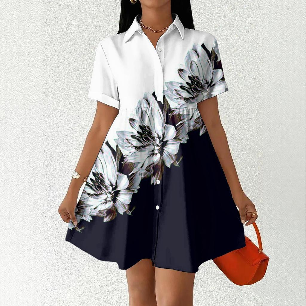 Casual Loose Fit Shirt Dress for Women Button Front Short Sleeve Collared Dress Lightweight Comfortable Summer Dress