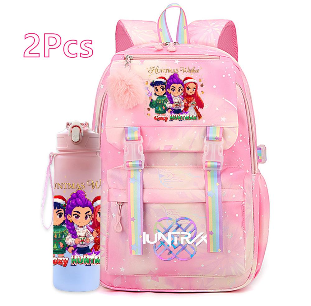 2Pcs/set Christmas K-pop Printed Backpack with 750Ml Water Bottler Large Capacity Travel Bag for Teenager Girl Boy Waterproof Bookbag Kid Gift Rucksak