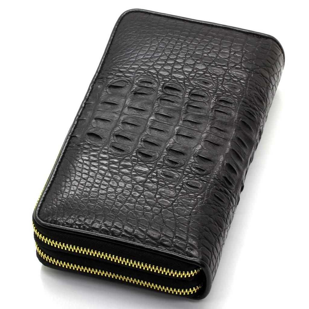 [Revetta] Crocodile Leather Long Wallet, Large Capacity, 40 Card Slots, Men's Wallet, Black, Double Round Zipper, Gold, Genuine Leather, Single Piece
