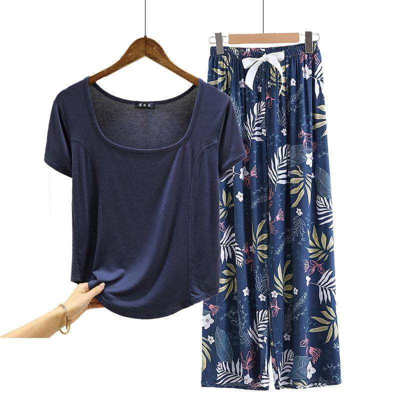 Fashion U Nek Tshirt and Floral Wide leg pants Summer fashion homewear 2pcs suit Loose Casual pajamas set comfort loungewear plus size