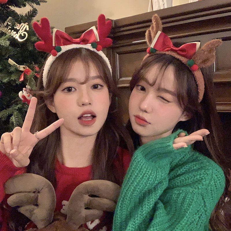 Fluffy Red Bow & Antler Christmas Headband Set