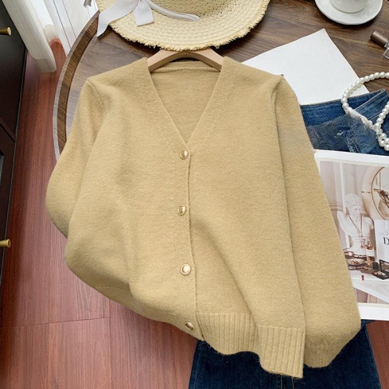 

Ленивый стиль Свободный вязаный кардиган Женский V-образный вырез Мягкий восковой свитер-жакет Осень и зима Новый топ XL