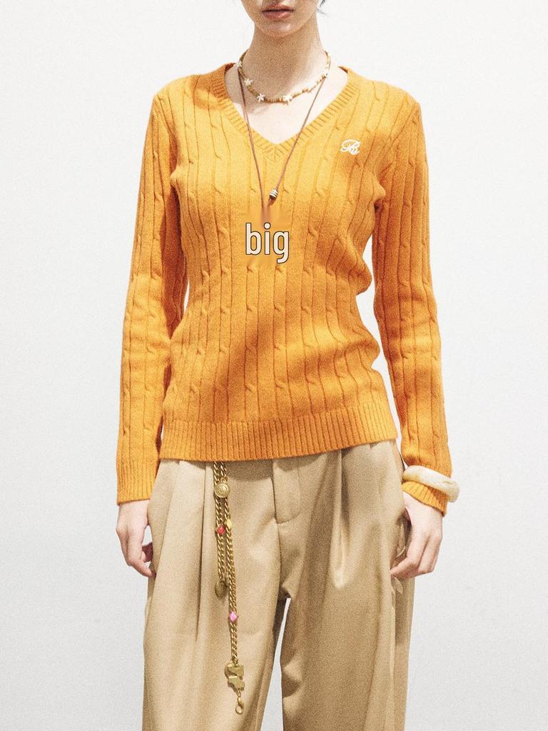 Women's Autumn Slim Fit Orange V-Neck Cable Knit Sweater - Korean Style Long Sleeve Casual Top